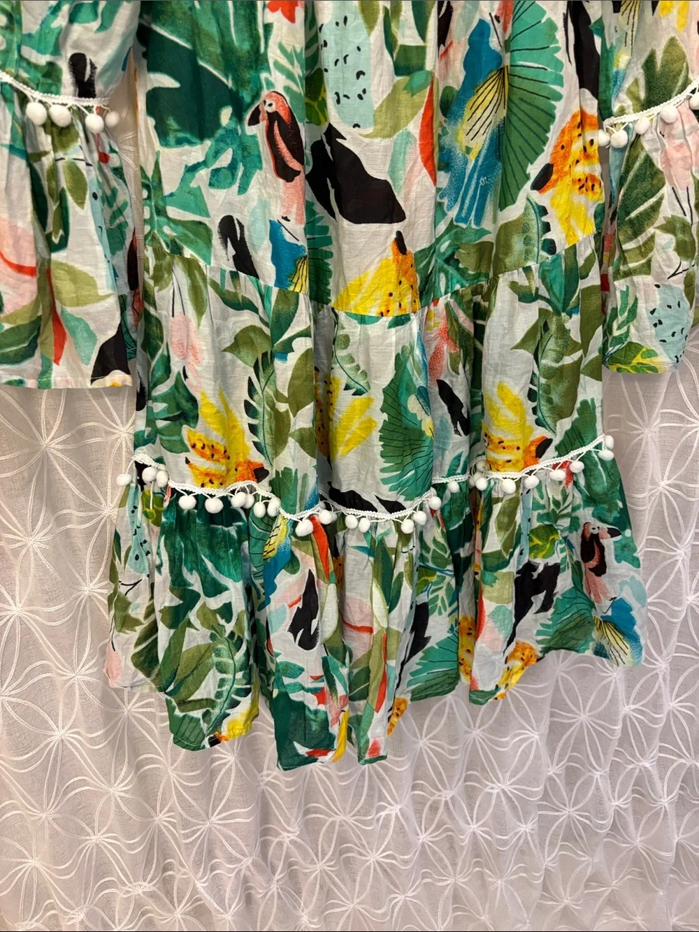 True Destinations Tropical Bird Print Smocked Dress- Green & Yellow - Picture 4 of 8
